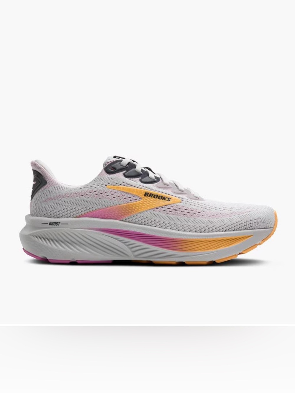 Brooks Women’s Ghost 17 Running Shoe - oyster color with Pink & Orange Accent